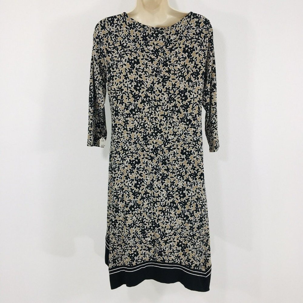 J. Jill Wearever Shift Dress Womens Size XS Tan & Black Border Handkerchief Hem